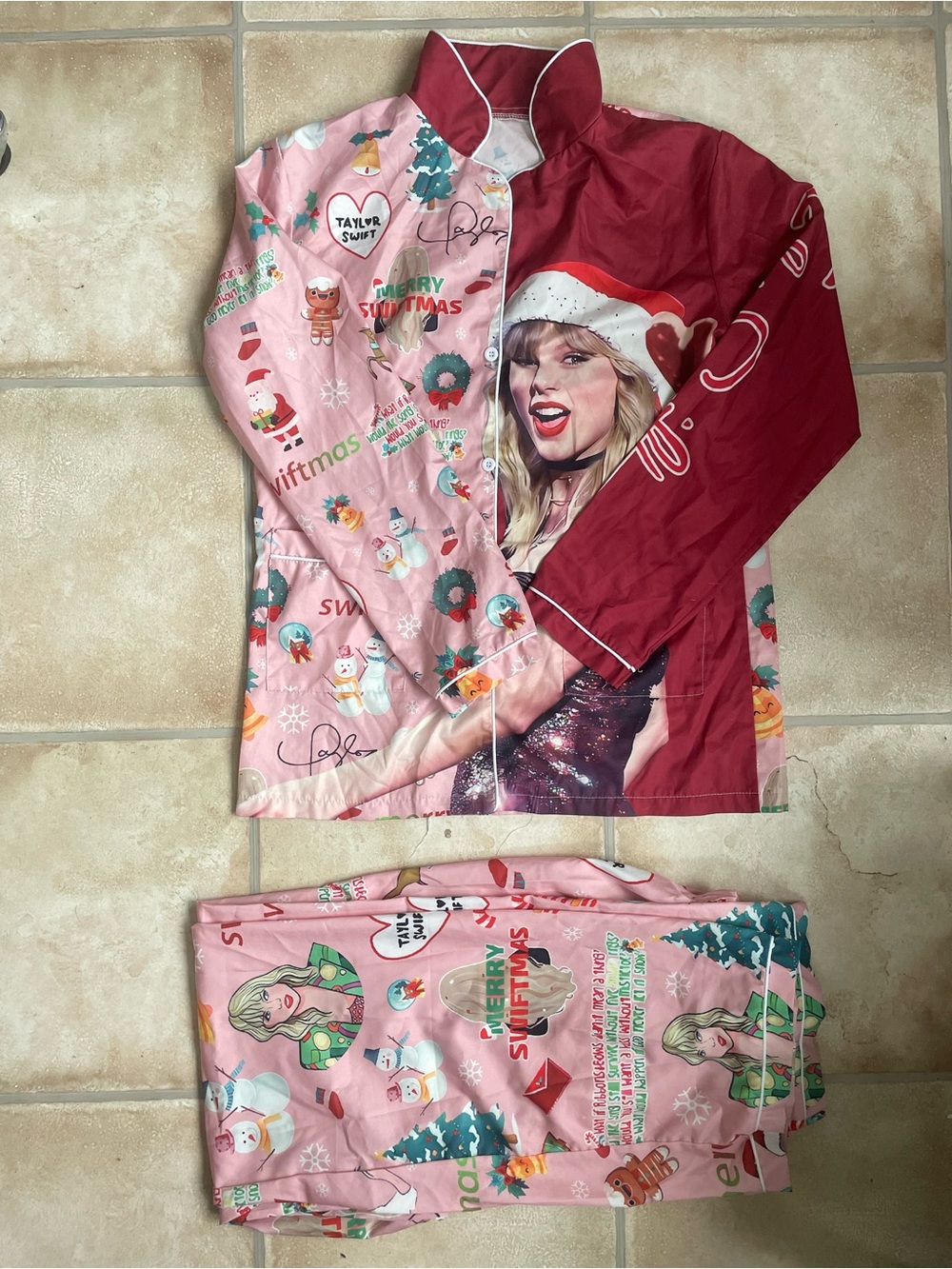 Taylor Swift Merry Swiftmas Holiday Pajama Set Pink Red Satiny Two-Piece; S